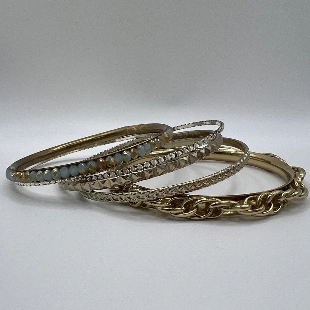 Mixed Metal Bangle Bracelet Set 6pc Gold Silver Tone Beaded Studded Textured